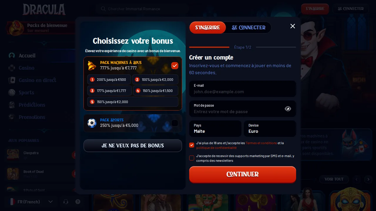 Aper&ccedil;u du site Dracula Casino